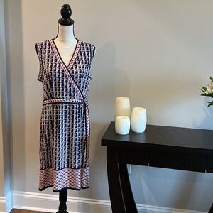 Max Studio Navy and Pink Geometric Wrap Midi Dress